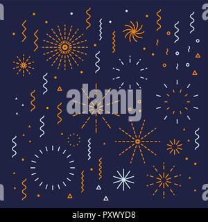Fireworks lineal editable set with petard, stars Stock Vector