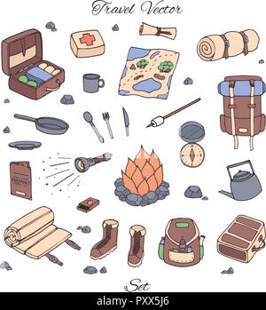 Hand drawn vector camping set with flashlight, map, first aid kit, bags, backpacks, bonfire and sleeping bag. Travel collection isolated on the white  Stock Vector