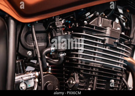 Engine design details, radiator from customized motobike in Italy, Rome. Black parts, chrome pipings. Stock Photo