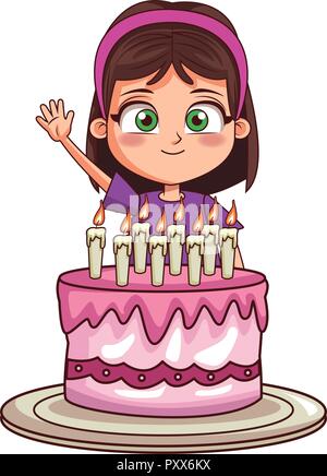 Girl birthday party with cake cartoon over cityscape round icon vector ...