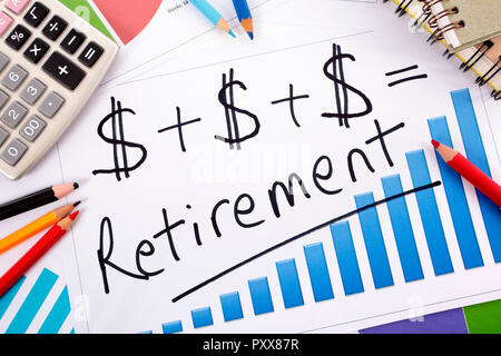 Simple retirement formula written on a bar graph surrounded by calculator, books and pencils. Stock Photo