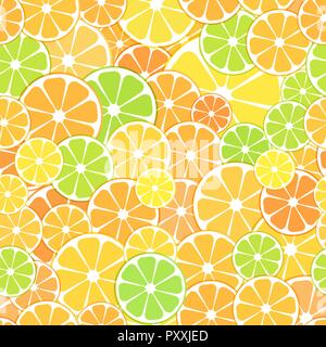 Vector seamless Pattern background. sliced halves of citrus fruits oranges, tangerines, lemon and lyme. For business projects banner, cover, layout. Stock Vector