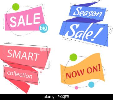 Set Flat linear Colored promotion banners. flat bubble shaped sticker, label, ribbon. Vector illustration linear style. Text - Smart collection, Sale season, Now on. Stock Vector