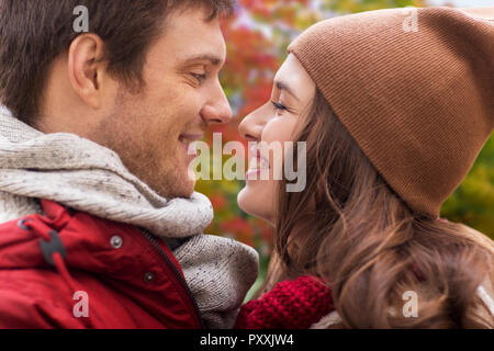 close up of happy teenage couple in autumn Stock Photo