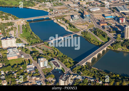 Aerial view of city of Saskatoon and South Saskatchewan River. Stock Photo