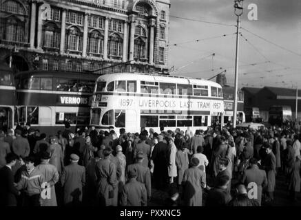 Farewell to Liverpools trams. Liverpool's last tram no 293 on its final procession through the city centre. Image taken on 14 September 1957 Shortly afterwards it was shipped off to the Seashore Trolley museum in Kennebunkport, Maine, USA. As of 2017 it has remained there at the back of a shed and in a poor condition. Stock Photo