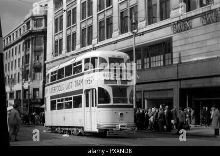 Farewell to Liverpools trams. Liverpool's last tram no 293 on its final procession through the city centre. Image taken on 14 September 1957 Shortly afterwards it was shipped off to the Seashore Trolley museum in Kennebunkport, Maine, USA. As of 2017 it has remained there at the back of a shed and in a poor condition. Stock Photo