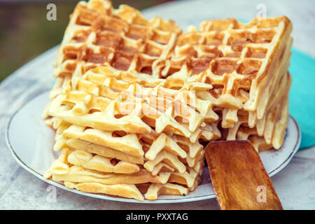 Homemade Belgian Waffles On The White Plate Stock Photo