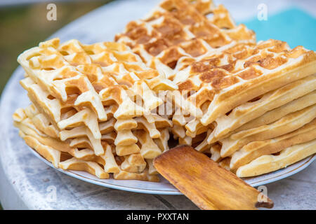 Homemade Belgian Waffles On The White Plate Stock Photo