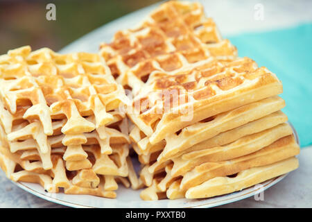Homemade Belgian Waffles On The White Plate Stock Photo