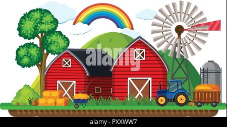 Farm scene with tractor and hay illustration Stock Vector