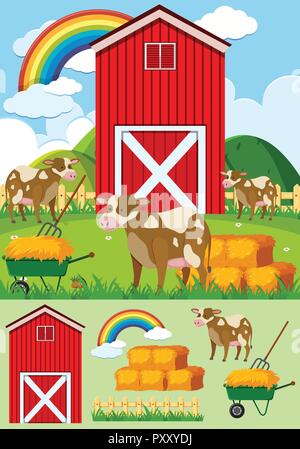 Brown cows and red barn on the farm illustration Stock Vector