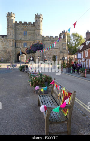 Colorful knitted decorations in Battle - East Sussex - United Kingdom -(also known as yarn bombing, yarn storming or graffiti knitting) Stock Photo
