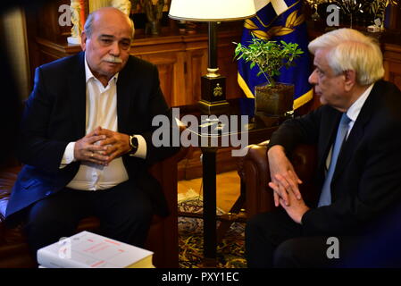 Athens, Greece. 24th Oct, 2018. President of Hellenic Republic Prokopis Pavlopoulos (right) and the President of Hellenic Parliament Nikos Voutsis (left) during their meeting. Credit: Dimitrios Karvountzis/Pacific Press/Alamy Live News