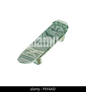 Money Origami SKATEBOARD Folded with Real One Dollar Bill Isolated on White Background Stock Photo