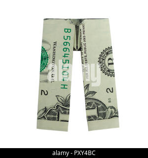 Money Origami PANTS Folded with Real One Dollar Bill Isolated on White Background Stock Photo