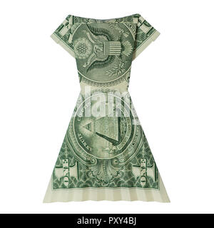 Money Origami DRESS Folded with Real One Dollar Bill Isolated on White Background Stock Photo