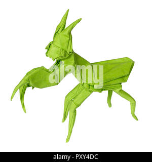 Origami Praying MANTIS Folded with Green Paper Sheet Isolated on White Background Stock Photo