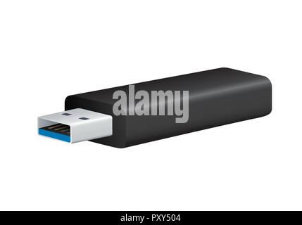 Realistic illustration of black USB 3 Flash Drive with blue color on connector, isolated on white background - vector Stock Vector