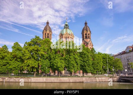 Munich Germany, city skyline at Saint Lukas Church and Isar River Stock Photo