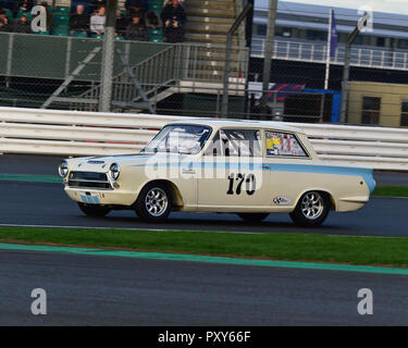 Marcus Jewell, Ford Lotus Cortina, HSCC, HRSR, Historic Touring Cars, Silverstone Finals Historic Race Meeting, Silverstone, October 2018, cars, Class Stock Photo