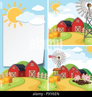 Paper template with barns and pigs illustration Stock Vector