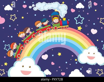 Kids Taking a Train over the Rainbow illustration Stock Vector