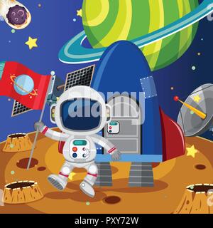 Astronaut holding flag on the moon illustration Stock Vector