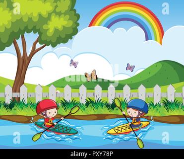 Doodle kids Canoeing in the River illustration Stock Vector