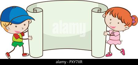 Happy boy and girl with empty banner isolated on white background Stock ...