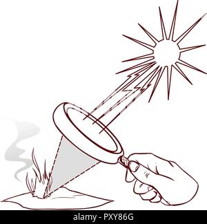 Magnifying lens used to concentrate some solar rays on a piece of  paper. Digital illustration. Stock Vector