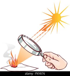 Magnifying lens used to concentrate some solar rays on a piece of  paper. Digital illustration. Stock Vector