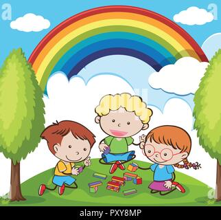 Kids Playing Brick in Garden in Beautiful Day illustration Stock Vector