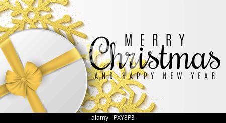 Christmas concept. Greeting card. Gold glitter snowflakes, gift box. Advertising holiday poster. Merry Christmas and Happy New Year. Vector illustrati Stock Vector