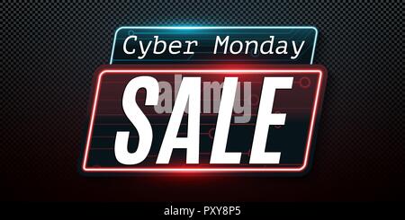 Cyber Monday. Super sale. Hi-tech glowing blue circuit board. Special offer. Web neon banner isolated on transparent dark background. Modern design. V Stock Vector