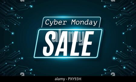 Cyber Monday. Super sale. Hi-tech glowing blue circuit board. Web neon banner. Modern design. Vector illustration. EPS 10 Stock Vector
