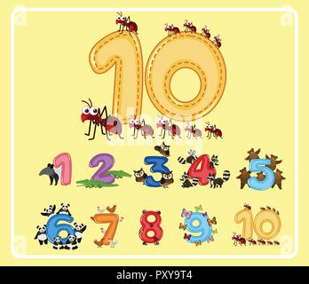 Numbers from One to Ten with Cute Animals illustration Stock Vector