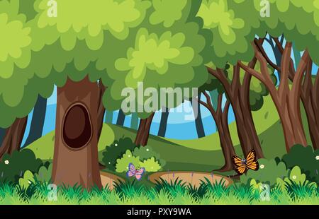 Background scene with butterflies in forest illustration Stock Vector