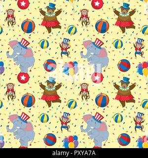 Seamless background template with circus bear and elephant illustration Stock Vector