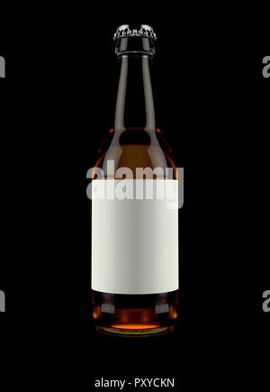 A clear glass beer or cider bottle with a blank label on an isolated dark studio background - 3D render Stock Photo
