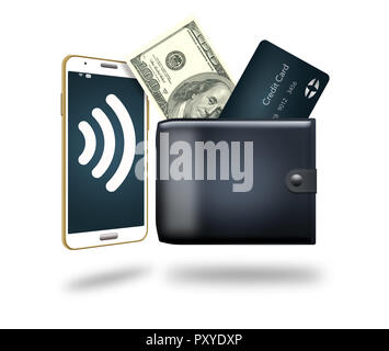 There are three options for paying that you can carry with you...cash, credit card or cell phone tap to pay. Here is an illustration showing the three Stock Photo