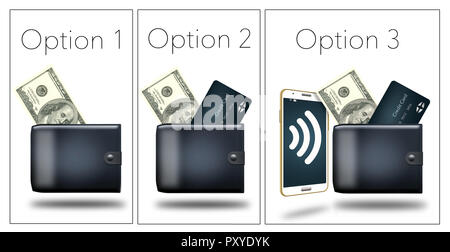 There are three options for paying that you can carry with you...cash, credit card or cell phone tap to pay. Here is an illustration showing the three Stock Photo