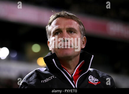 Bolton Wanderers manager Phil Parkinson during the Sky Bet Championship match at the University of Bolton Stadium. PRESS ASSOCIATION Photo. Picture date: Wednesday October 24, 2018. See PA story SOCCER Bolton. Photo credit should read: Tim Goode/PA Wire. RESTRICTIONS: EDITORIAL USE ONLY No use with unauthorised audio, video, data, fixture lists, club/league logos or 'live' services. Online in-match use limited to 120 images, no video emulation. No use in betting, games or single club/league/player publications. Stock Photo