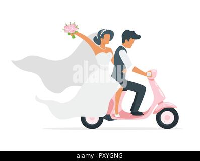 Vector flat style illustration of man in suit and woman in wedding dress riding on scooter. Retro style transport. Marriage day. Classical style of cl Stock Vector