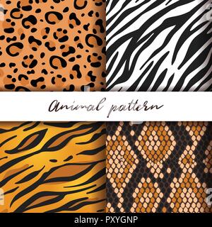 Vector animal seamless pattern set: tiger, leopard, zebra and snake. Stock Vector