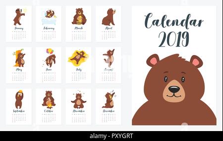Vector cartoon style set of 2019 year monthly calendar. Template for print. Brown grizzly bear different activities and situations on every page. Stock Vector