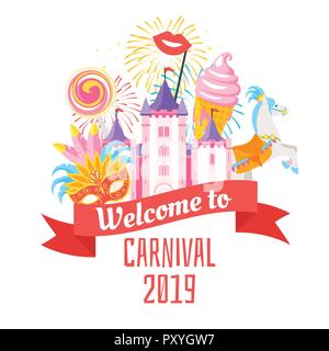 Vector flat style illustration of amusement park carnival for kids. Isolated on white background. Funfair icons: castle, masquerade mask. Typography p Stock Vector