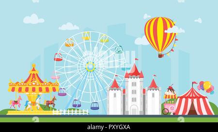 Vector flat style illustration of amusement park carnival for kids. Isolated on urban background. Funfair landscape with carousel, striped circus tent Stock Vector