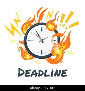 Vector cartoon style concept for deadline: close up clock in fire flames. Isolated on white background. Stock Vector