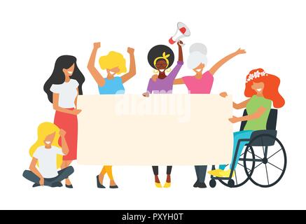 Vector illustration of protesting people holding blank placard. Young activist  woman on parade or political meeting for equality standing together. M Stock Vector